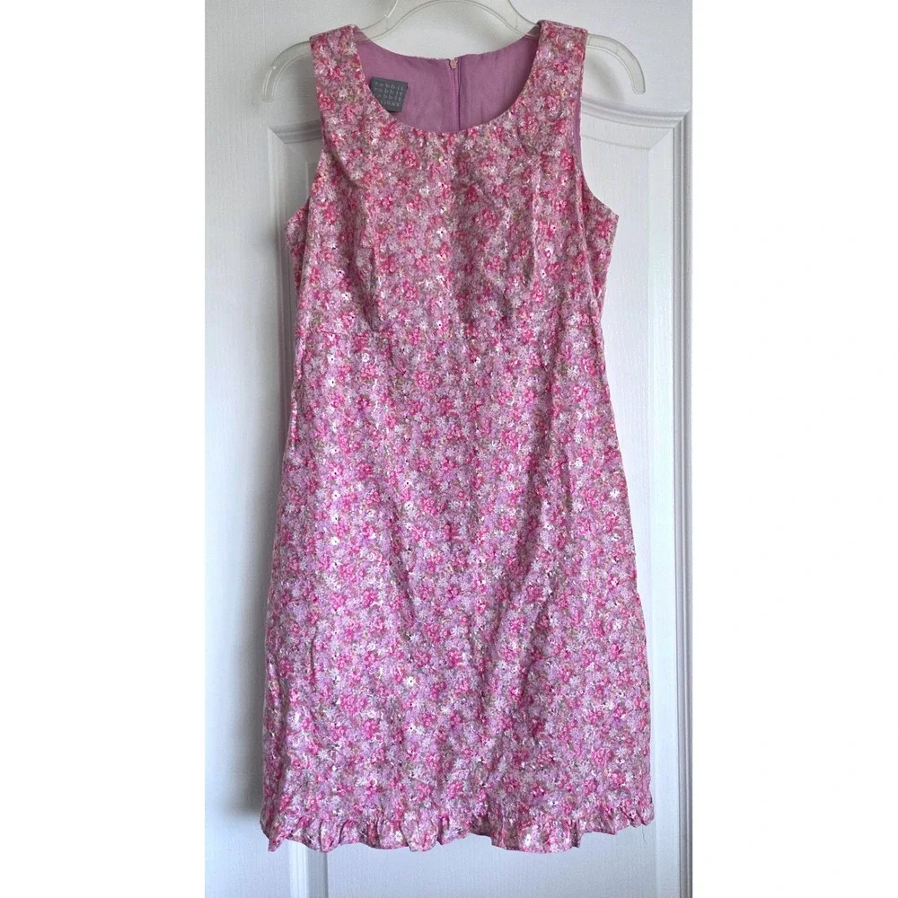 VTG Rabbit Rabbit Rabbit Designs Pink Floral Sequin Ruffle Hem Shift Dress Sz S - Picture 1 of 5
